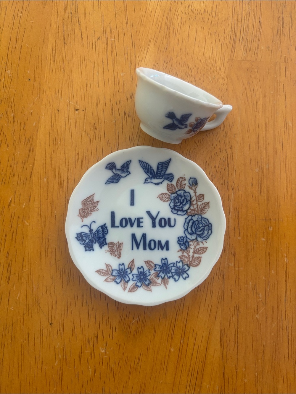Vintage I Love You Mom Decorative Plate and Mini Tea Cup- Blue and Brown Floral